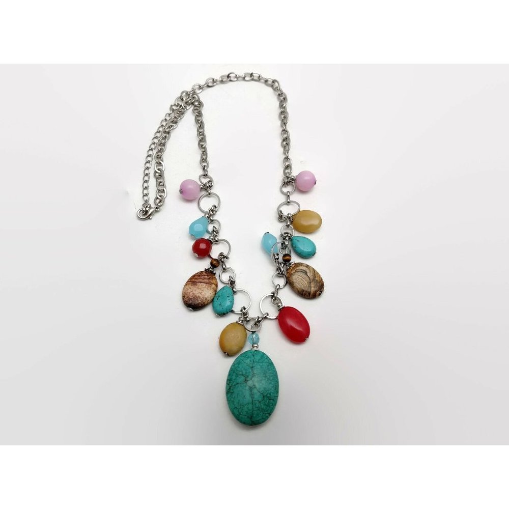 Faux Gemstone Silver Tone Charm Style Necklace